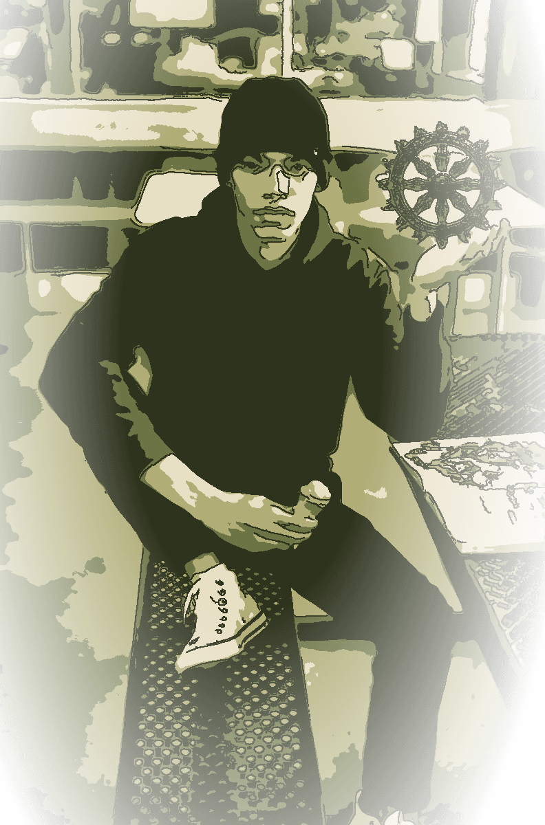 Illustrated field portrait of Manas Mehra, seated